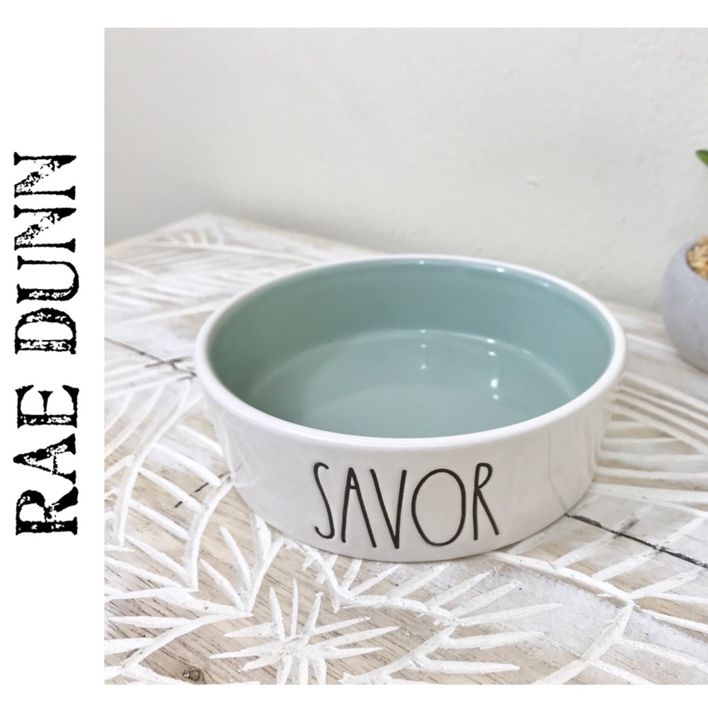 Rae Dunn Savor Small 5” Pet Dish White & Sage